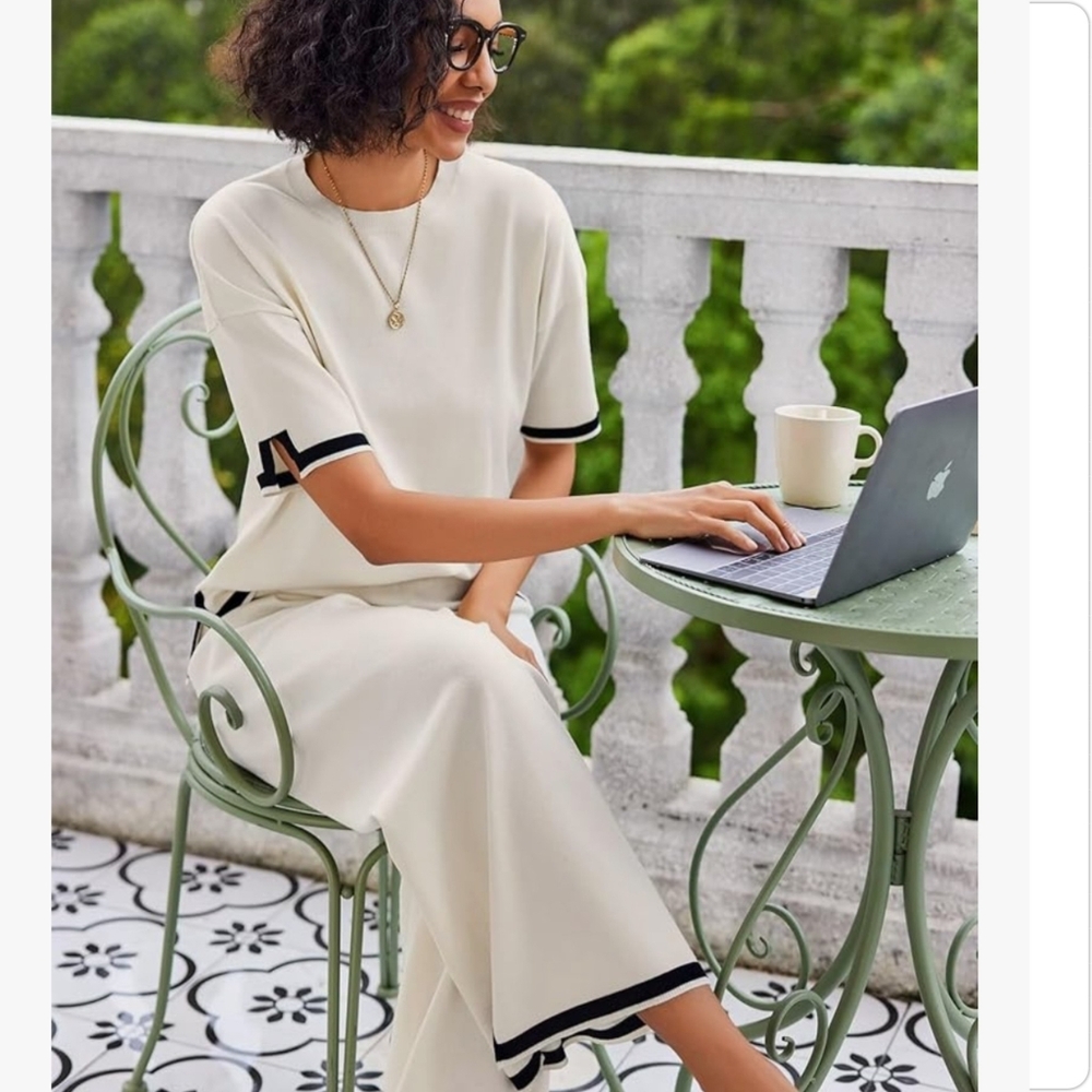 EKOUAER 2 PIECE KNIT LOUNGEWEAR SET CREAM BLACK WIDE LEG SHORT SLEEVE NWT XL - Picture 2 of 9